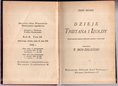 Bedier Józef - Dzieje Tristana i Izoldy. Utworzone wedle dawnych legend i poematów. Przełożył Tadeusz Żeleński-Boy.jpg