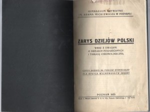 Zarys dziejów Polski. Wraz z uwagami o dziejach powszechnych i tablicą chronologiczną. Gimnazjum prywatne im. Adama Mickiewicza w Poznaniu.